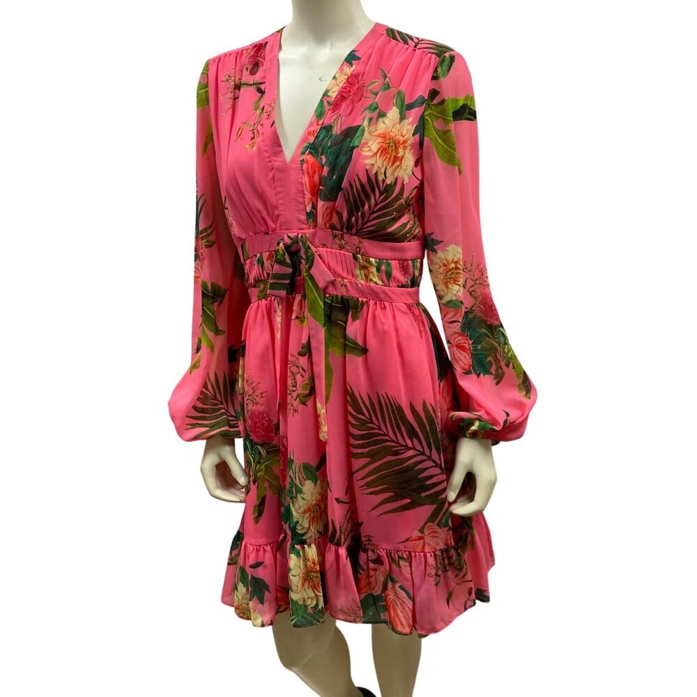 ALEX MARIE $168 Floral Long-Sleeve V-Neck Dres Ruffle Hem & Waist Detail 6 NWT